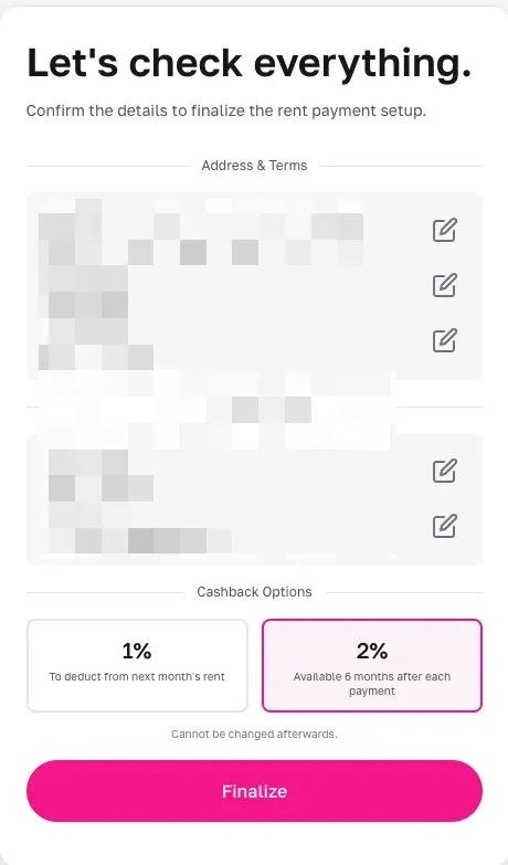 Neobanc 付房租时选择返现模式