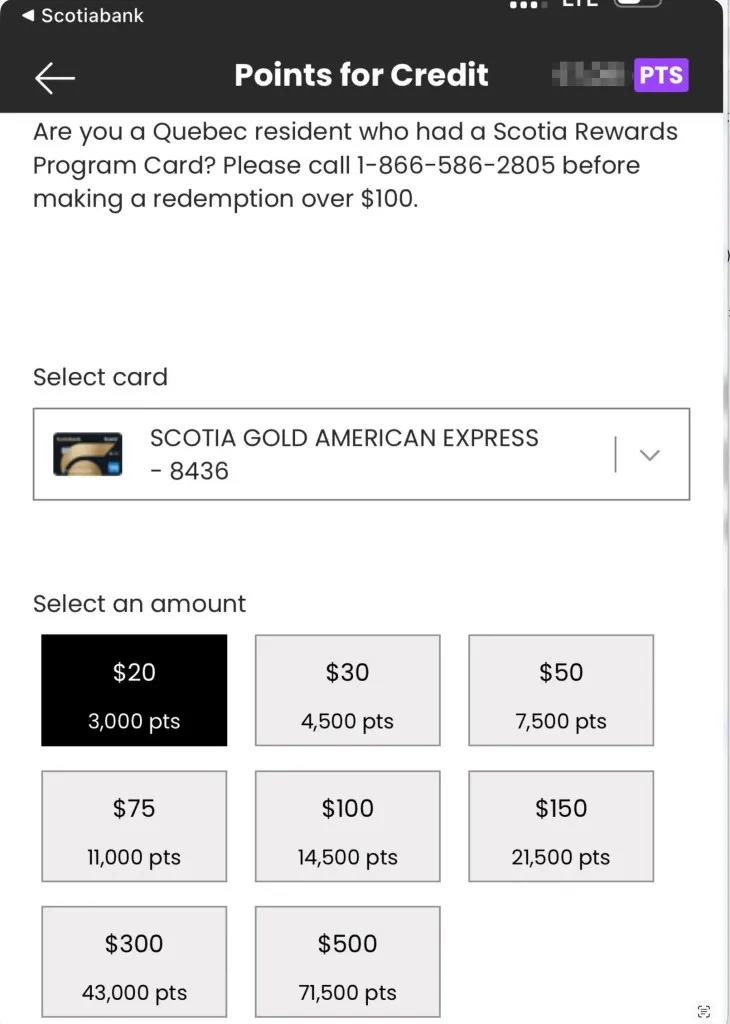 Scotiabank Scene+ points for credit 页面示例