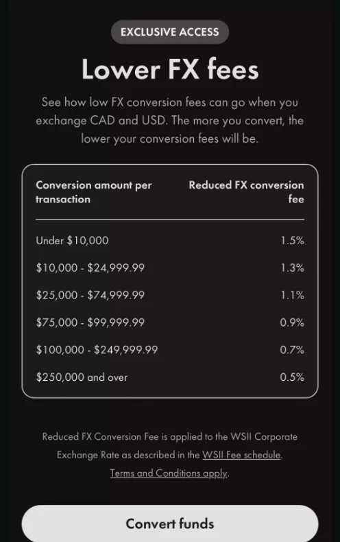 Wealthsimple 加币转美元手续费说明