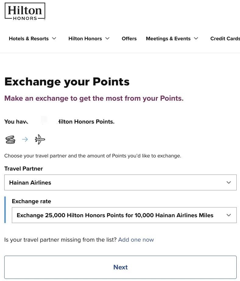 Transferring Hilton points to Fortune Wings Club