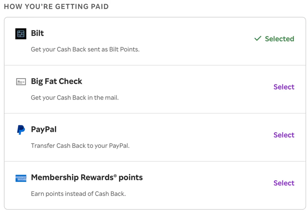 Rakuten cash-back payout options
