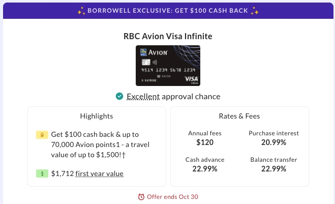Borrowell extra $100 on RBC Avion Visa Infinite
