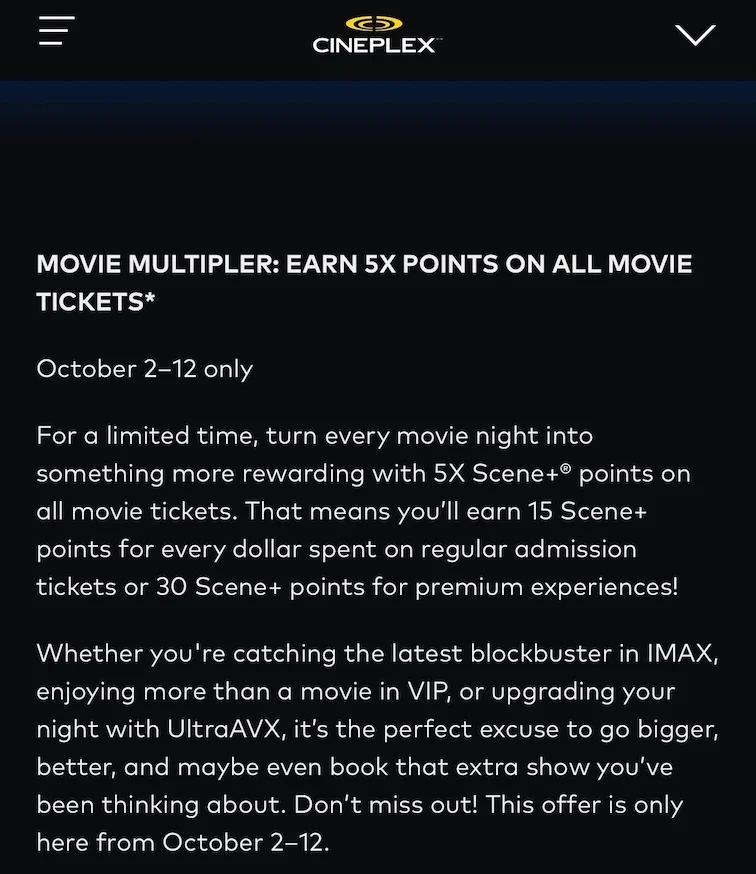 Cineplex 全场电影票 5 倍 Scene+ 积分，10 月 2 日至 12 日