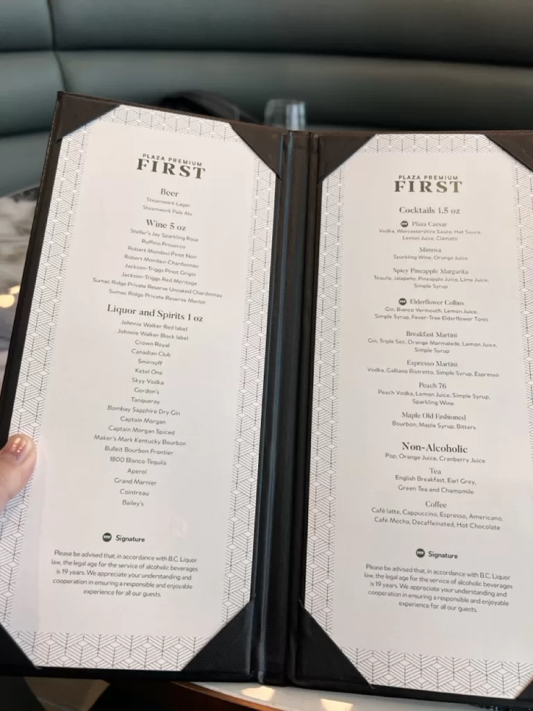 Plaza Premium First drinks menu