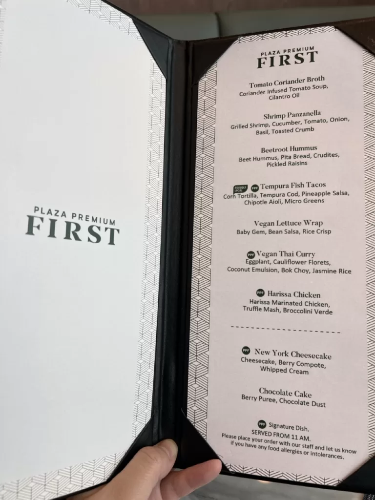 Plaza Premium First food menu